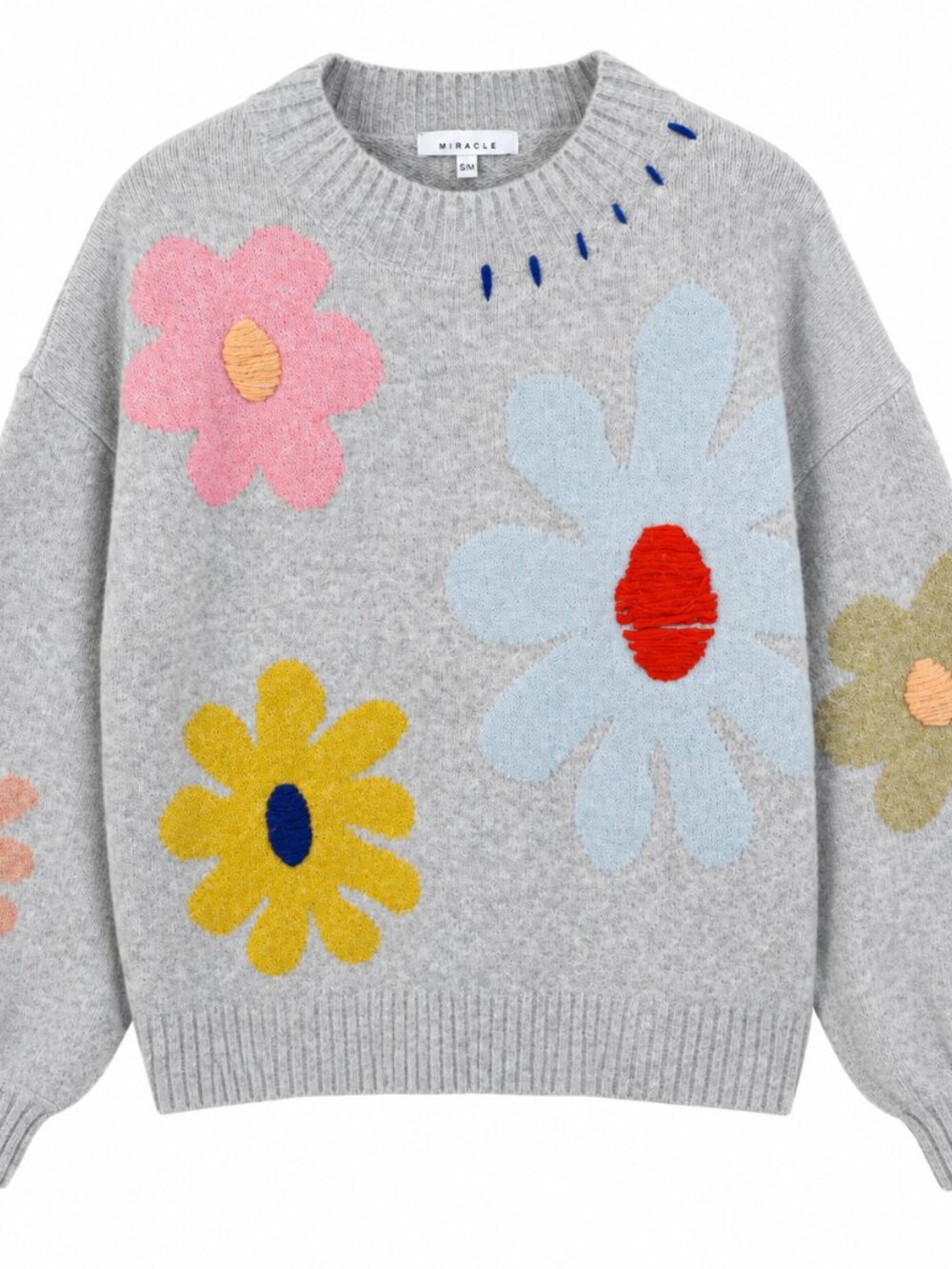 Miracle Gray Floral Appliqué Sweater Oversized Cozy Knit S/M